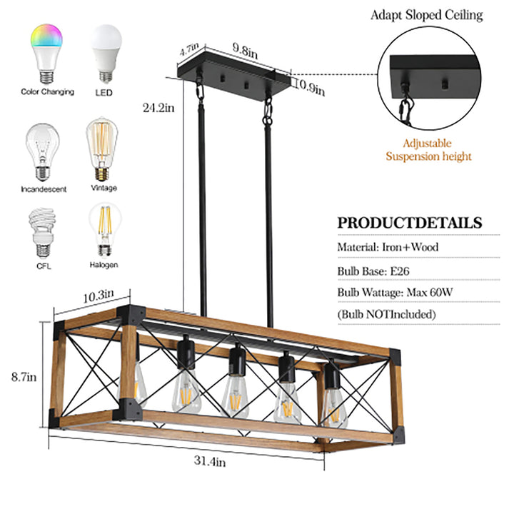 Hommoo Rectangle Wood Metal Pendant Light, 5-Light Retro Farmhouse Chandelier for Kitchen, Living Room, Dining Room, Image 5