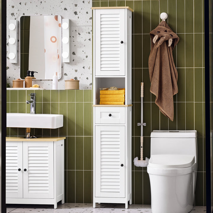 Haotian FRG236-WN, White Floor Standing Bathroom Storage Cabinet Linen Tower Image 1