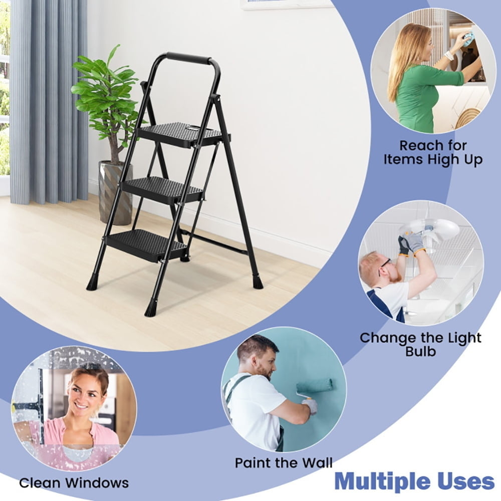 Hommoo Step Ladder, Folding Step Stool, Stepladders,Portable Folding 3 Step Ladder with Wide Anti-Slip Pedal and Image 3