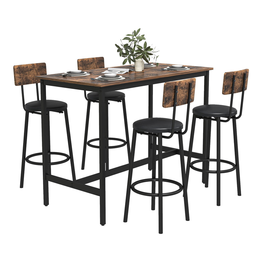 Hommoo 5 Pieces Industrial Bar Table Set, Pub Height Table and 4 PU Upholstered Stools with Backrest, Rustic Brown Image 1