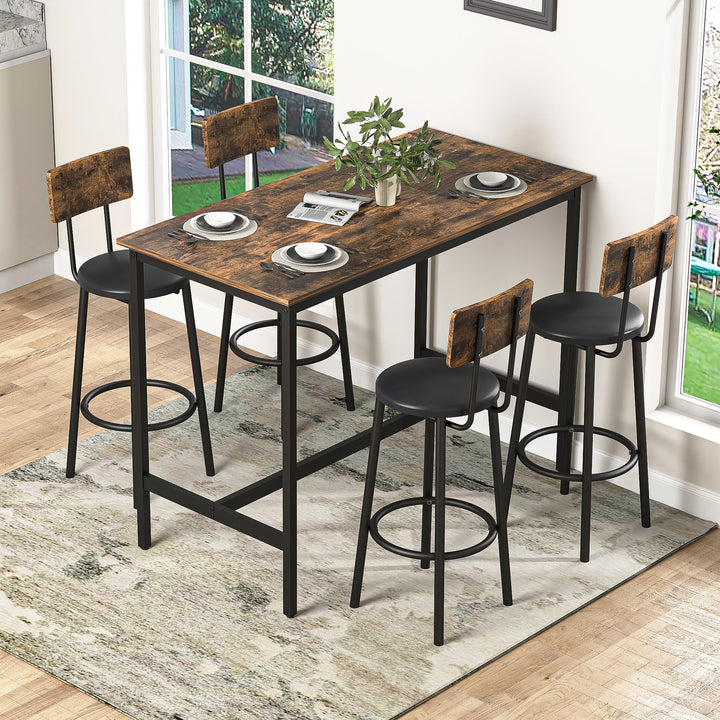 Hommoo 5 Pieces Industrial Bar Table Set, Pub Height Table and 4 PU Upholstered Stools with Backrest, Rustic Brown Image 2