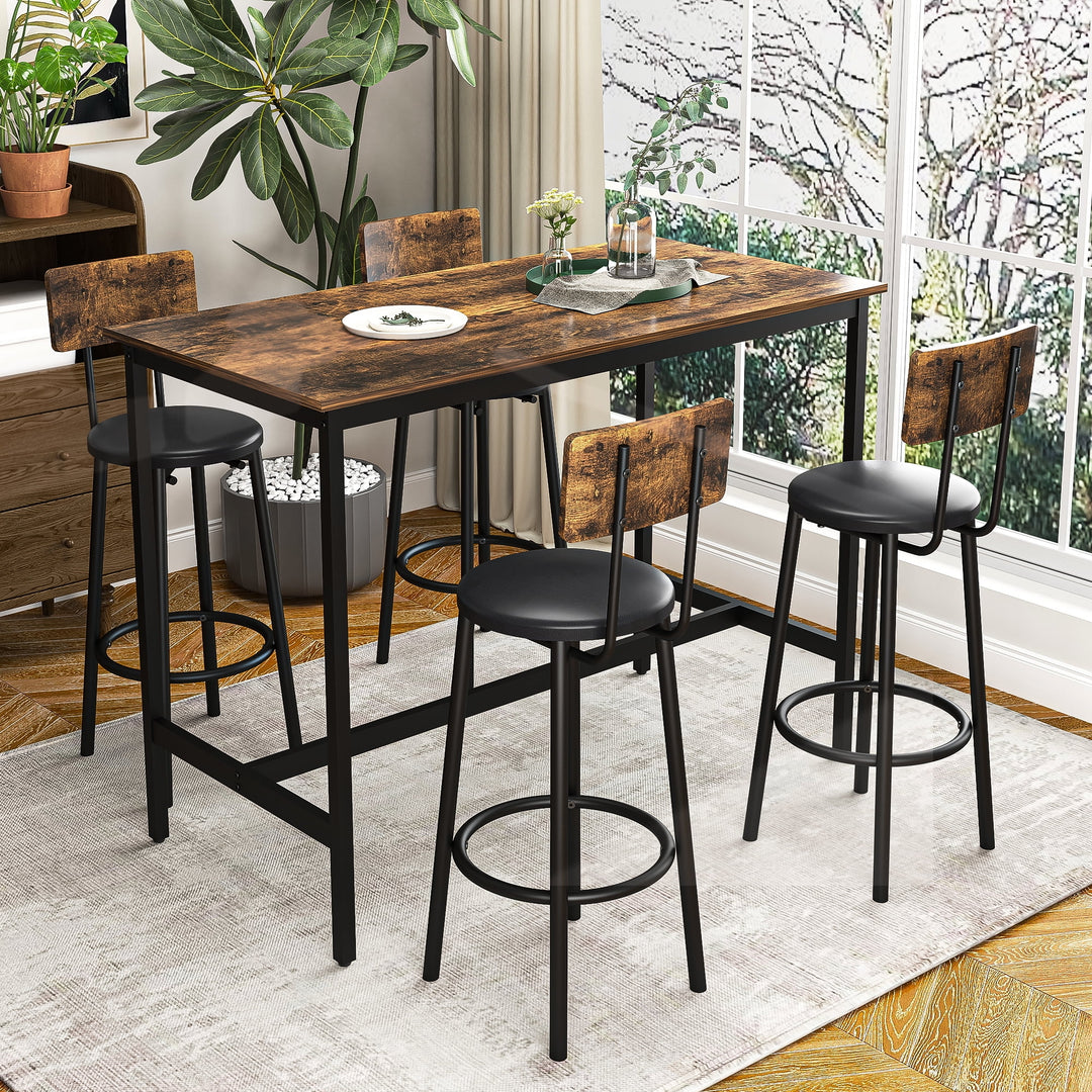 Hommoo 5 Pieces Industrial Bar Table Set, Pub Height Table and 4 PU Upholstered Stools with Backrest, Rustic Brown Image 5