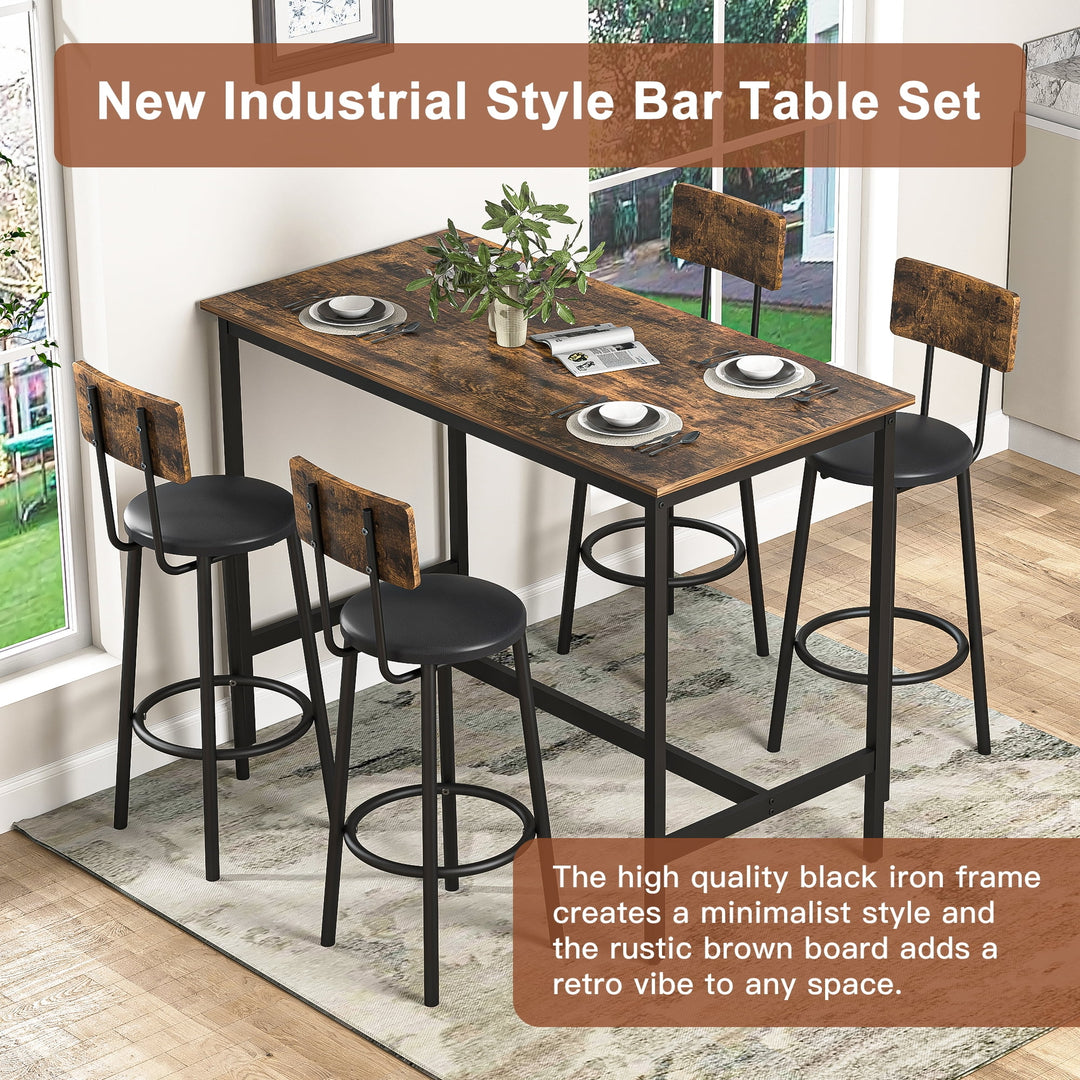 Hommoo 5 Pieces Industrial Bar Table Set, Pub Height Table and 4 PU Upholstered Stools with Backrest, Rustic Brown Image 6