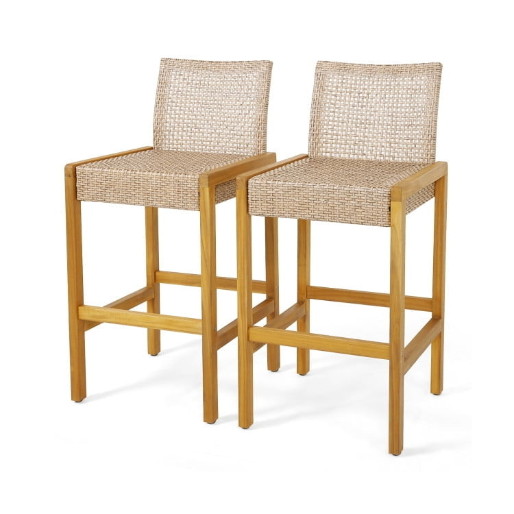 Hommoo Set of 2 Rattan Patio Wood Barstools Dining Chairs with Backrest, Brown Image 1