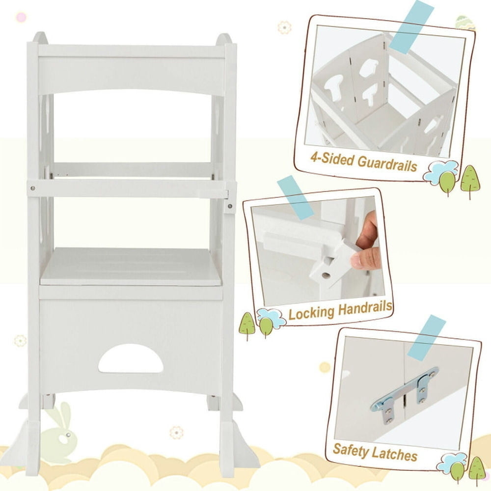 Hommoo Folding Wooden Step Stool with Lockable Safety Rail for Toddler 3+-White, Kids Step Stool for The Bedroom, Image 5