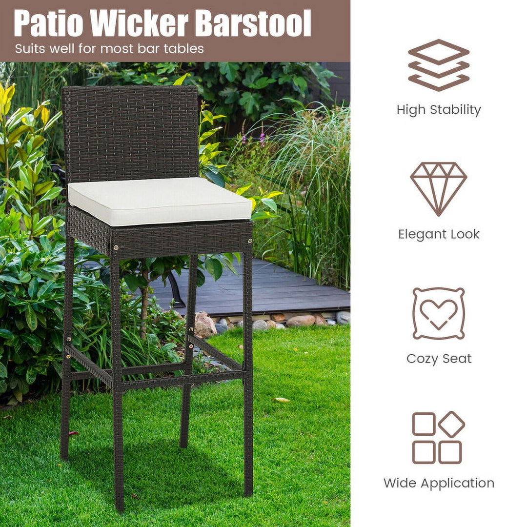 Hommoo 2 Pieces Patio Cushioned Wicker Barstools with Cozy Footrest-Set of 2 for Balcany, Poolside Image 4