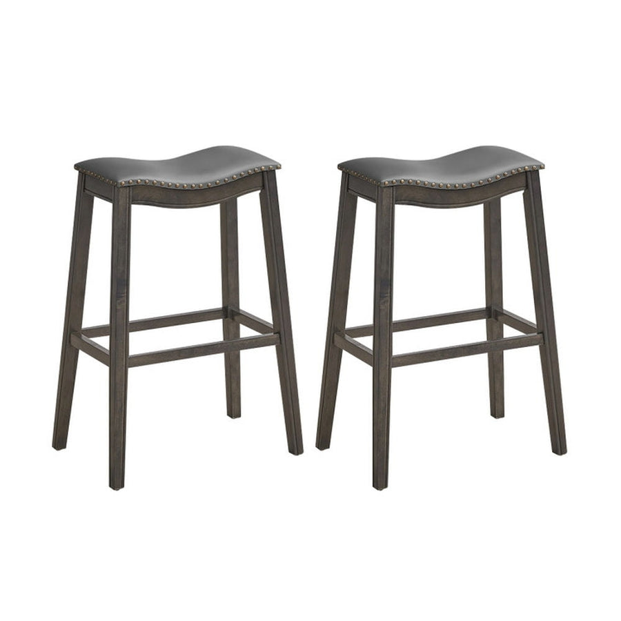 Hommoo 29 Inch Set of 2 Backless Wood Nailhead Barstools with PVC Leather Seat-Gray, Bar Height Stools, Bar Stools for Image 1