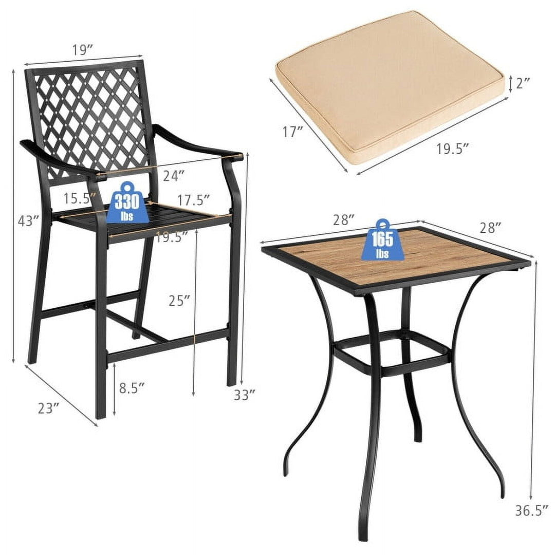 Hommoo 3 Pieces Patio Bar Set with 2 Bar Stools and 1 Square Table, Outdoor Dining Chair for Outside Patio Image 6