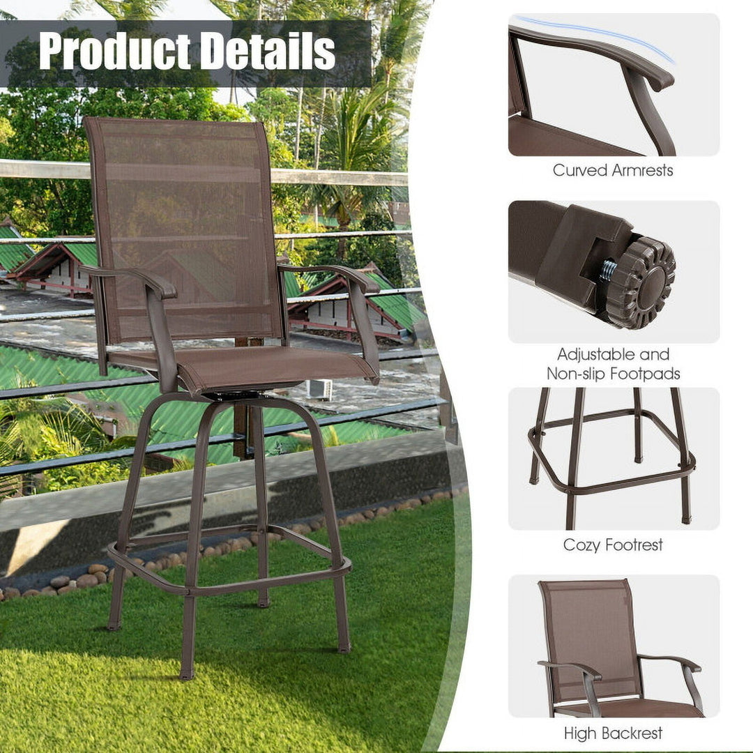 Hommoo 2 Pieces Patio 360 Rotation Swivel Bar Stool Set-Brown, Outdoor Dining Chair for Outside Patio, All Weather, Image 3