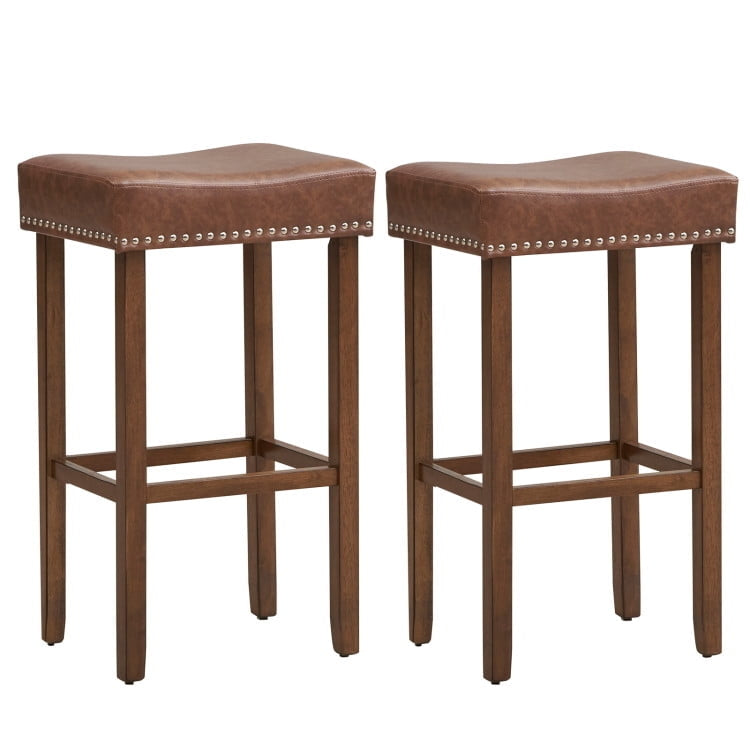 Hommoo Upholstered Bar Stools Set of 2 with Footrests for Counter-Brown, Bar Height Stools, Bar Stools for Kitchen Image 1