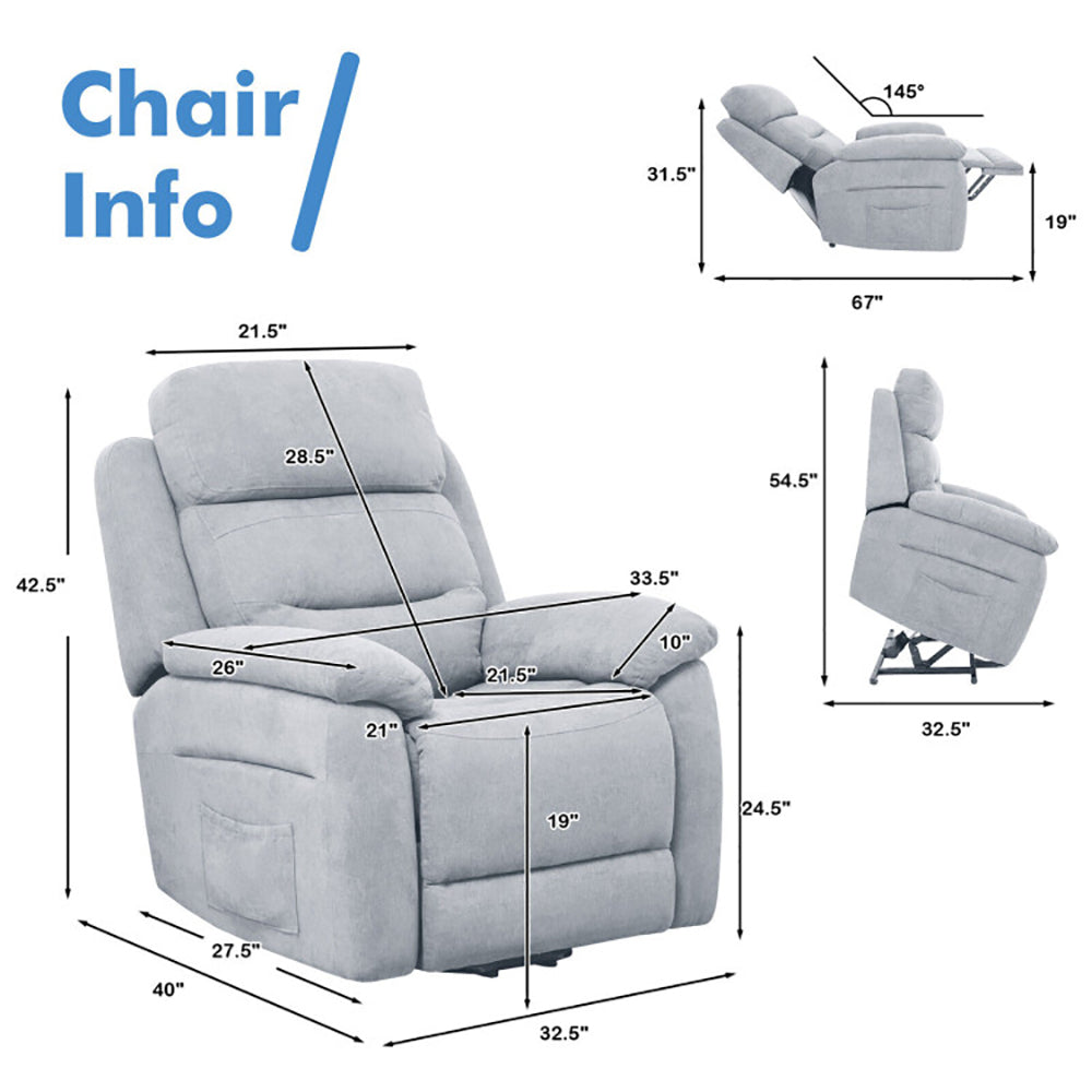 Hommoo Recliner Chair, Reclining Chair,Lounge Chair,Power Lift Recliner Sofa with Side Pocket and Remote Control-Gray Image 3