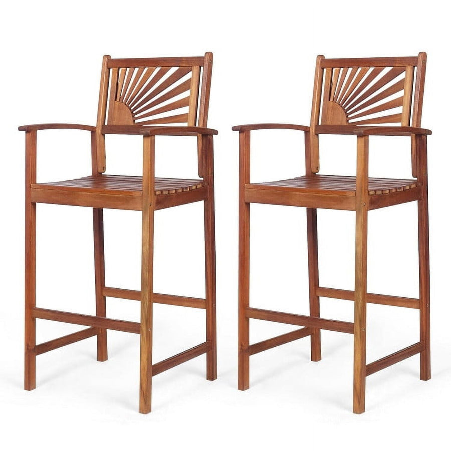 Hommoo 2 Pieces Outdoor Acacia Wood Bar Chairs with Sunflower Backrest and Armrestst, Wood Outdoor Armchair, Brown Image 1