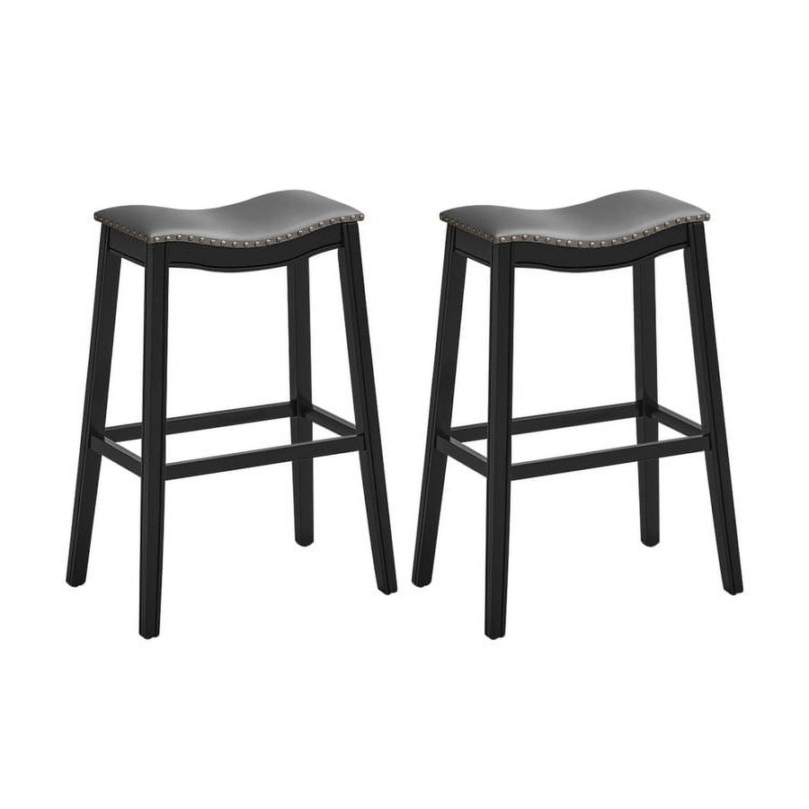 Hommoo 29 Inch Set of 2 Backless Wood Nailhead Barstools with PVC Leather Seat-Black, Bar Height Stools, Bar Stools for Image 1