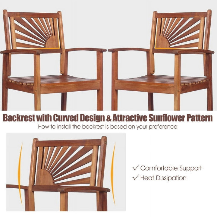 Hommoo 2 Pieces Outdoor Acacia Wood Bar Chairs with Sunflower Backrest and Armrestst, Wood Outdoor Armchair, Brown Image 5