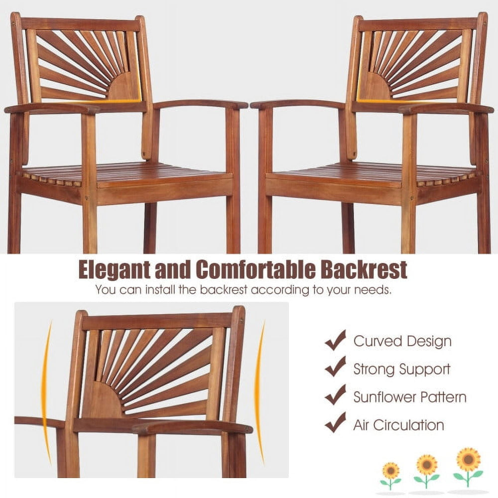 Hommoo 3 Pieces Acacia Wood Patio Bar Set with Sunflower Patterned Backrest, Wood Outdoor Armchair, Brown Image 2