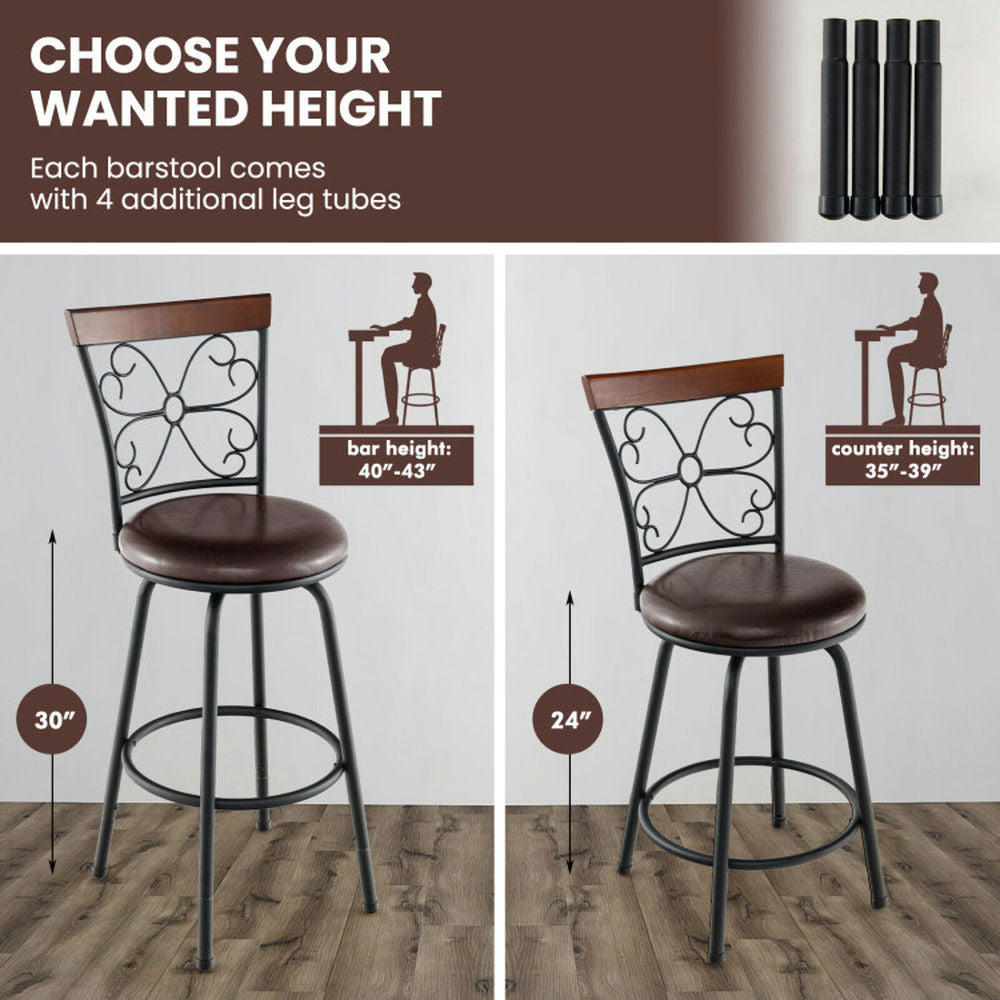 Hommoo 2 Pieces 24-30 Inch Adjustable PU Cushioned Swivel Barstools-Brown, Bar Height Stools, Bar Stools for Kitchen Image 3