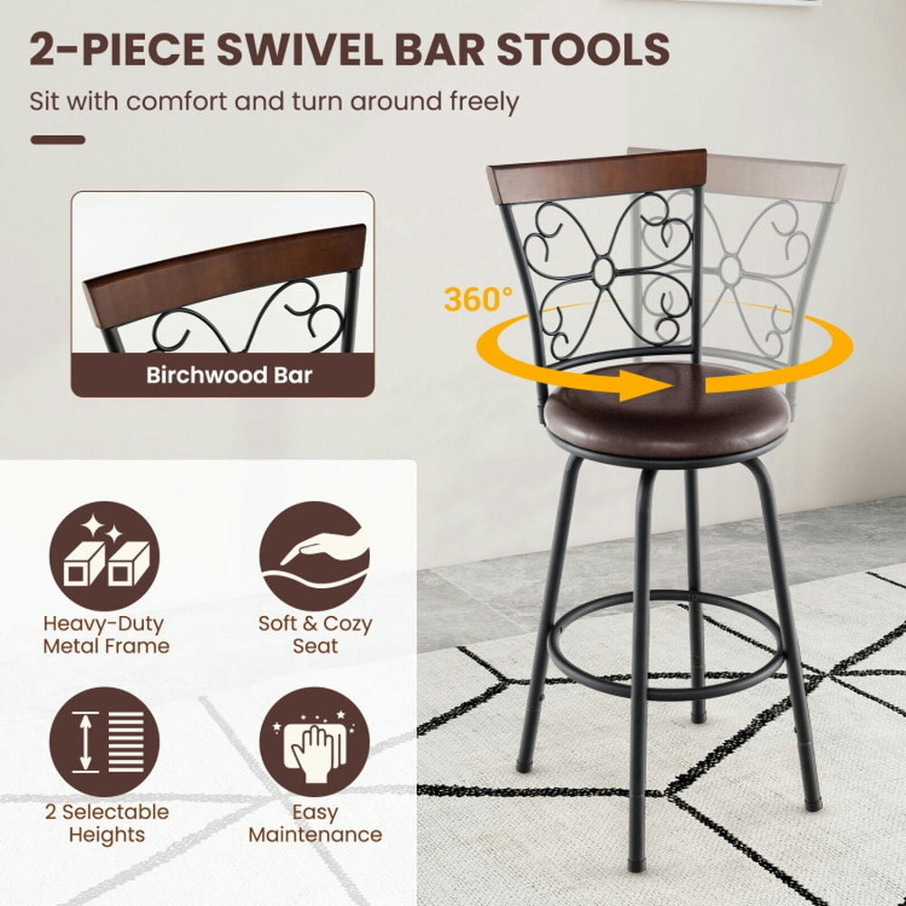 Hommoo 2 Pieces 24-30 Inch Adjustable PU Cushioned Swivel Barstools-Brown, Bar Height Stools, Bar Stools for Kitchen Image 5