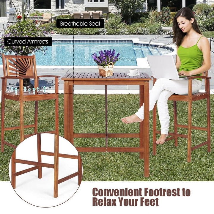 Hommoo 3 Pieces Acacia Wood Patio Bar Set with Sunflower Patterned Backrest, Wood Outdoor Armchair, Brown Image 4