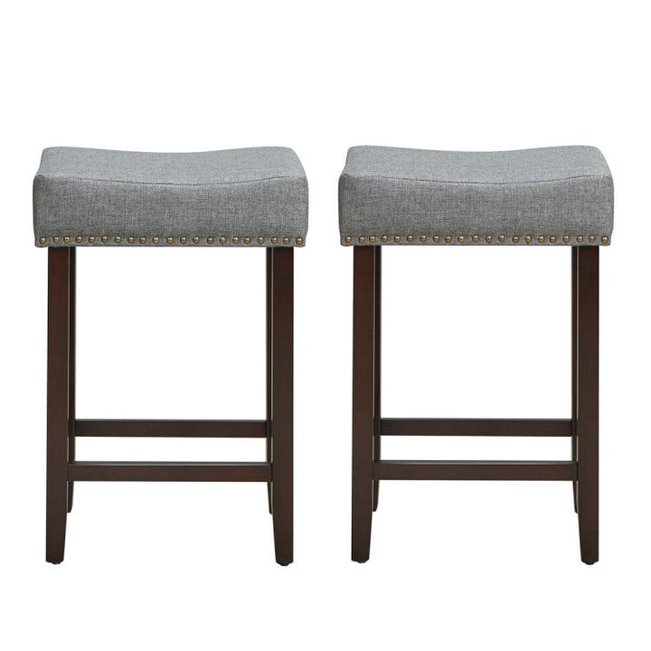 Hommoo 2 Pieces Nailhead Saddle Bar Stools with Fabric Seat and Wood Legs-Gray, Bar Height Stools, Bar Stools for Image 1