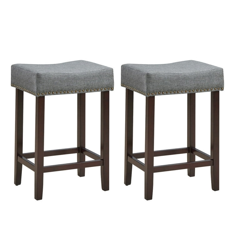 Hommoo 2 Pieces Nailhead Saddle Bar Stools with Fabric Seat and Wood Legs-Gray, Bar Height Stools, Bar Stools for Image 2