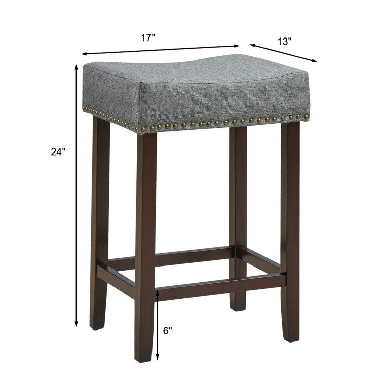 Hommoo 2 Pieces Nailhead Saddle Bar Stools with Fabric Seat and Wood Legs-Gray, Bar Height Stools, Bar Stools for Image 4