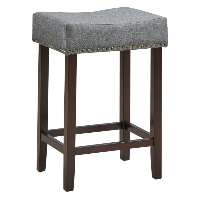 Hommoo 2 Pieces Nailhead Saddle Bar Stools with Fabric Seat and Wood Legs-Gray, Bar Height Stools, Bar Stools for Image 6