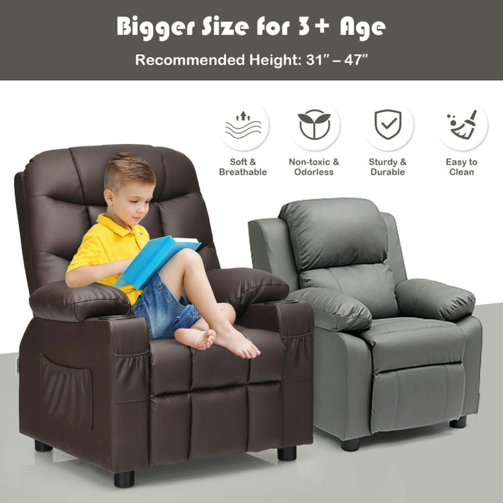 Hommoo Kids Recliner Chair with Cup Holder and Footrest for Children-Brown, Kids Chairs for Kids Image 2