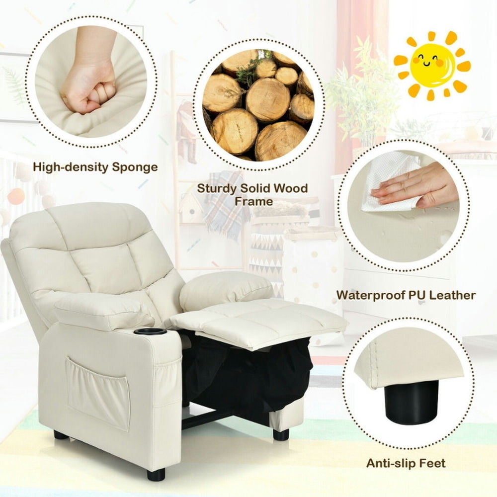 Hommoo Kids Recliner Chair with Cup Holder and Footrest for Children-Beige, Kids Chairs for Kids Image 4