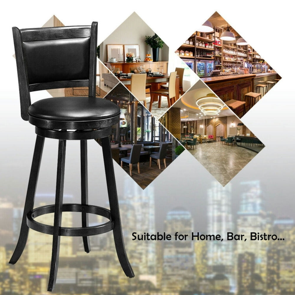 Hommoo Set of 2 29 Inch Swivel Bar Height Stool Wood Dining Chair Barstool-Black, Bar Height Stools, Bar Stools for Image 2