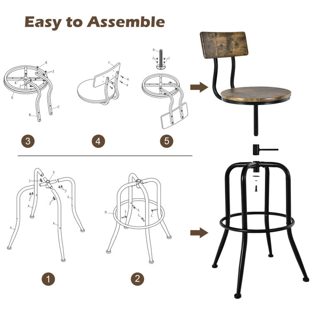 Hommoo Adjustable Swivel Counter-Height Stool with Arc-Shaped Backrest-Rustic Brown, Bar Height Stools, Bar Stools for Image 3