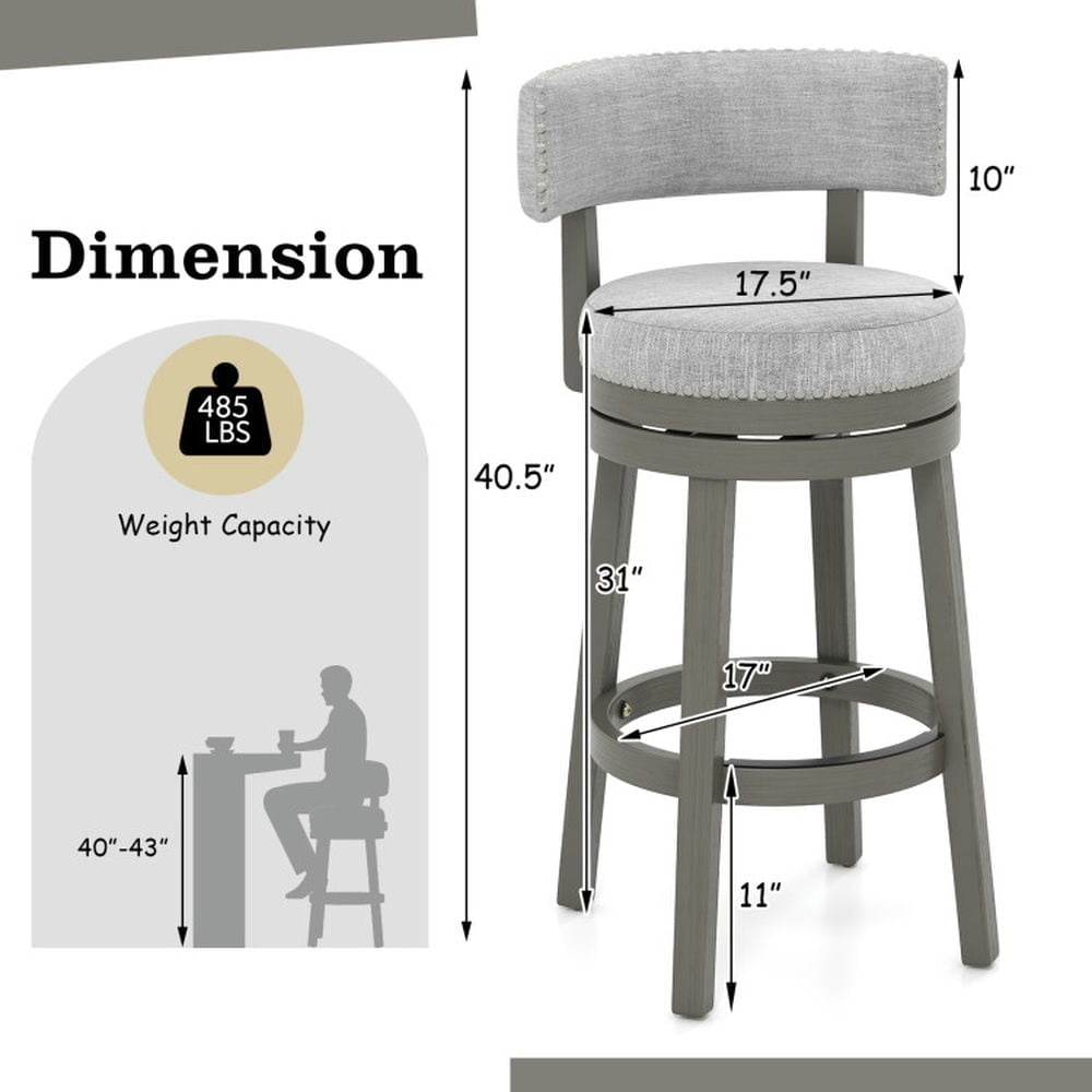 Hommoo 27/31 Inch Swivel Bar Stool with Upholstered Back Seat and Footrest-31 inches, Bar Height Stools, Bar Stools for Image 2