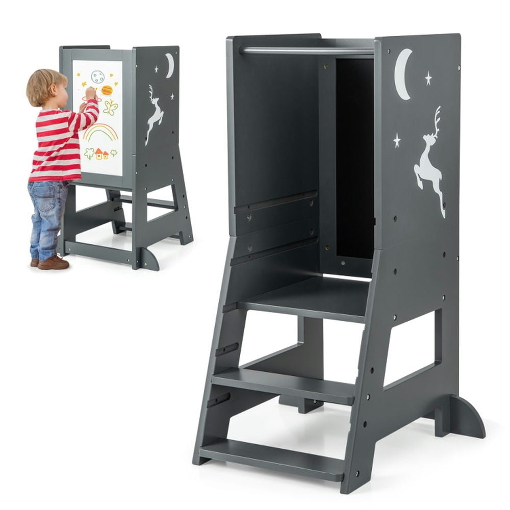 Hommoo Toddler Kitchen Stool Helper Baby Standing Tower with Chalkboard and Whiteboard-Gray Image 3