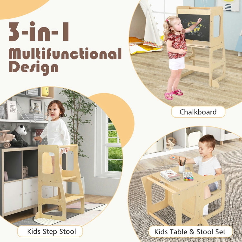 Hommoo 3-in-1 Foldable Kitchen Standing Tower for Toddlers with Chalkboard-Natural, Kids Step Stool for The Bedroom, Image 2