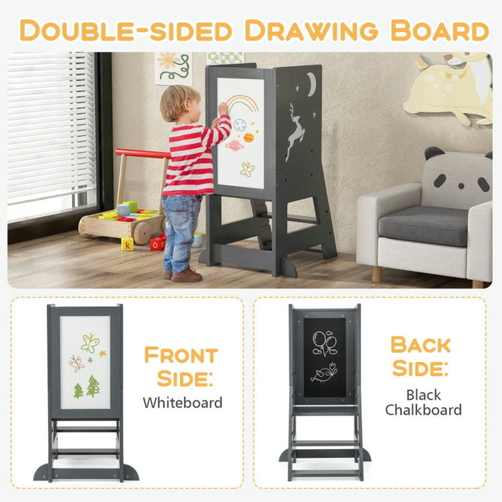 Hommoo Toddler Kitchen Stool Helper Baby Standing Tower with Chalkboard and Whiteboard-Gray Image 4