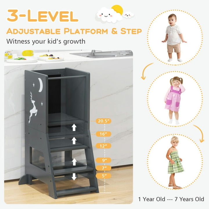 Hommoo Toddler Kitchen Stool Helper Baby Standing Tower with Chalkboard and Whiteboard-Gray Image 6