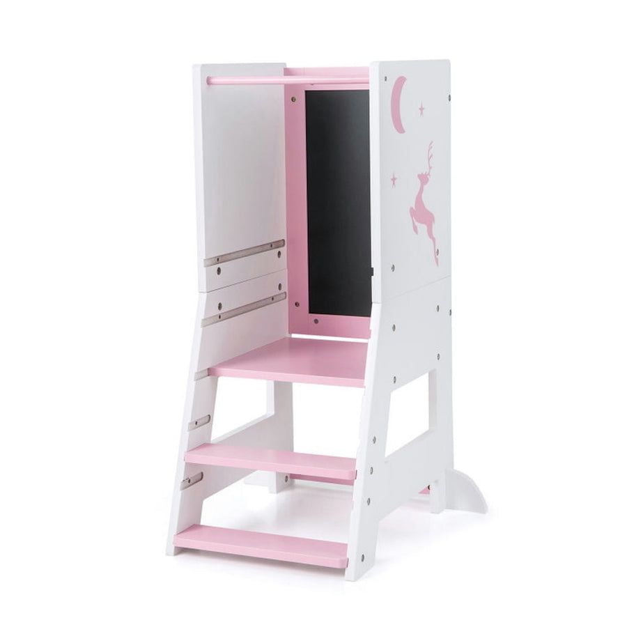 Hommoo Toddler Kitchen Stool Helper Baby Standing Tower with Chalkboard and Whiteboard-Pink Image 1