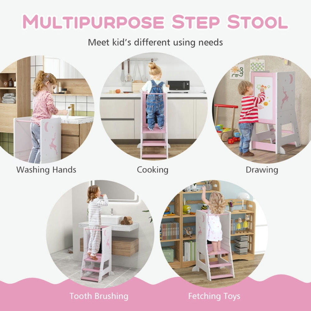 Hommoo Toddler Kitchen Stool Helper Baby Standing Tower with Chalkboard and Whiteboard-Pink Image 3