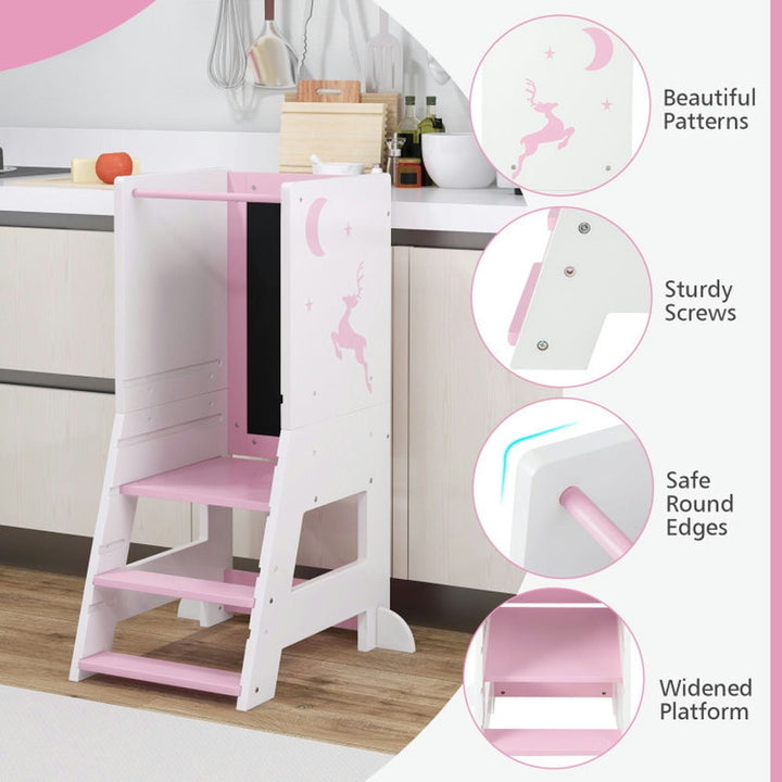 Hommoo Toddler Kitchen Stool Helper Baby Standing Tower with Chalkboard and Whiteboard-Pink Image 4