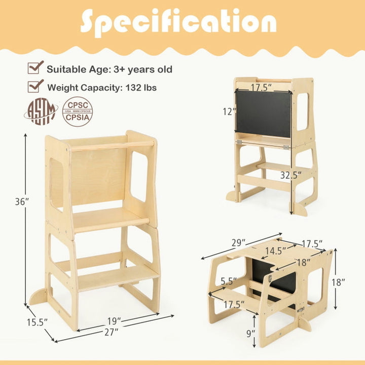 Hommoo 3-in-1 Foldable Kitchen Standing Tower for Toddlers with Chalkboard-Natural, Kids Step Stool for The Bedroom, Image 5