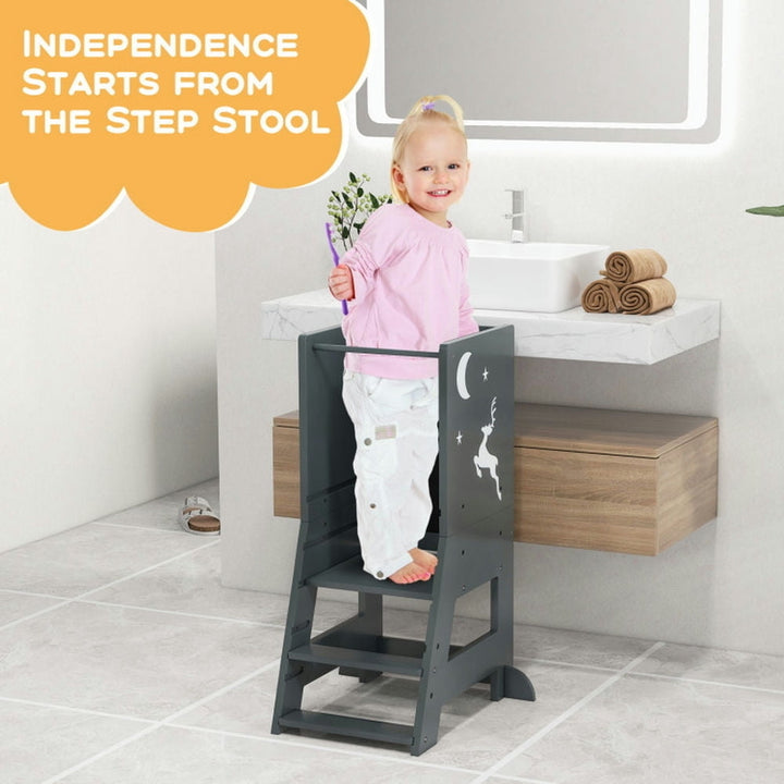 Hommoo Toddler Kitchen Stool Helper Baby Standing Tower with Chalkboard and Whiteboard-Gray Image 7