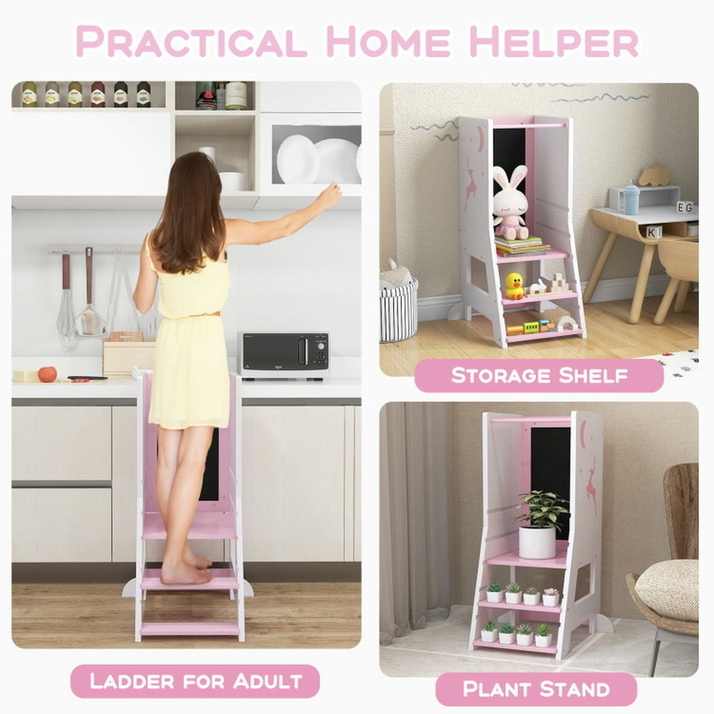 Hommoo Toddler Kitchen Stool Helper Baby Standing Tower with Chalkboard and Whiteboard-Pink Image 5