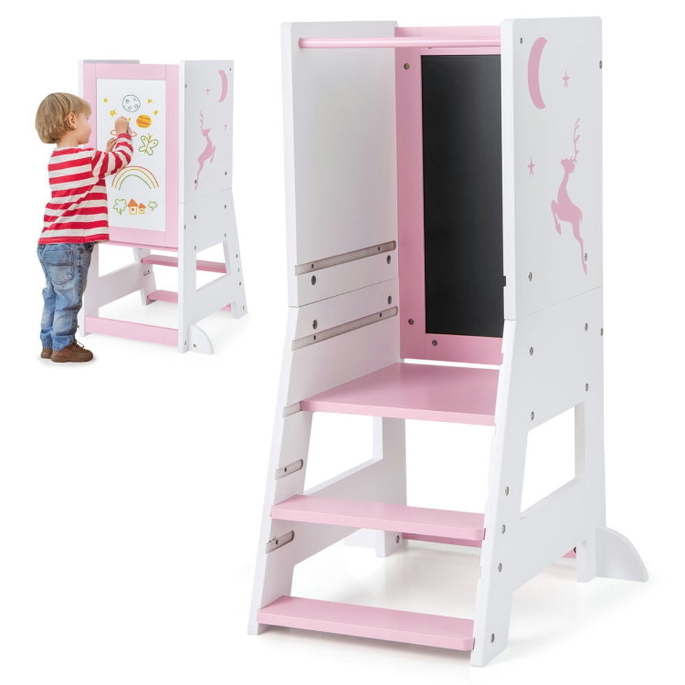 Hommoo Toddler Kitchen Stool Helper Baby Standing Tower with Chalkboard and Whiteboard-Pink Image 6