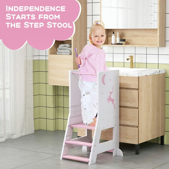 Hommoo Toddler Kitchen Stool Helper Baby Standing Tower with Chalkboard and Whiteboard-Pink Image 7