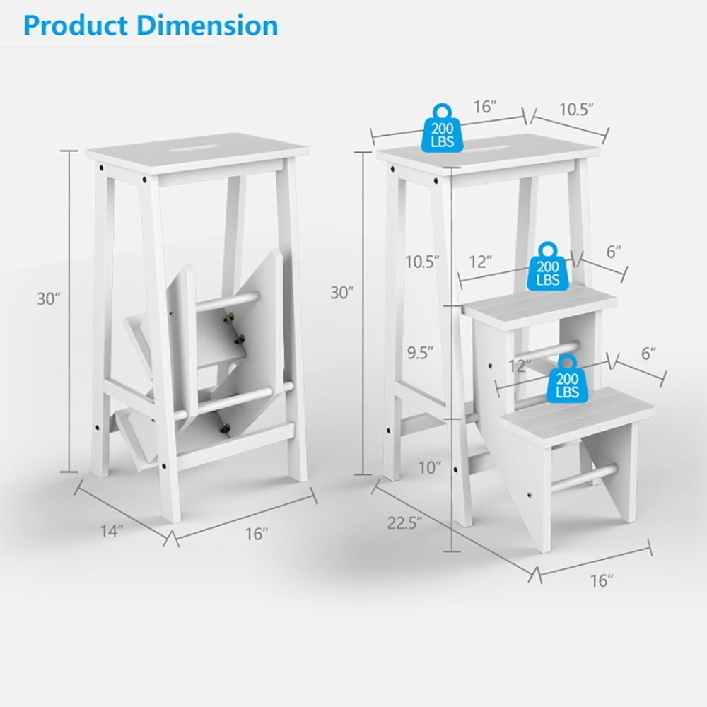 Hommoo Folding Stool, Step Ladder,3 Tier Step Stool 3 in 1 Folding Ladder Bench-White Image 2