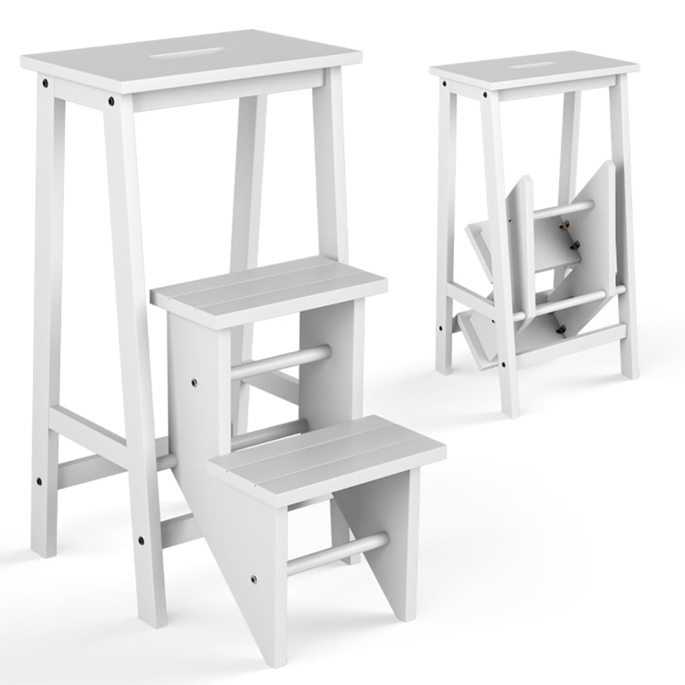 Hommoo Folding Stool, Step Ladder,3 Tier Step Stool 3 in 1 Folding Ladder Bench-White Image 4