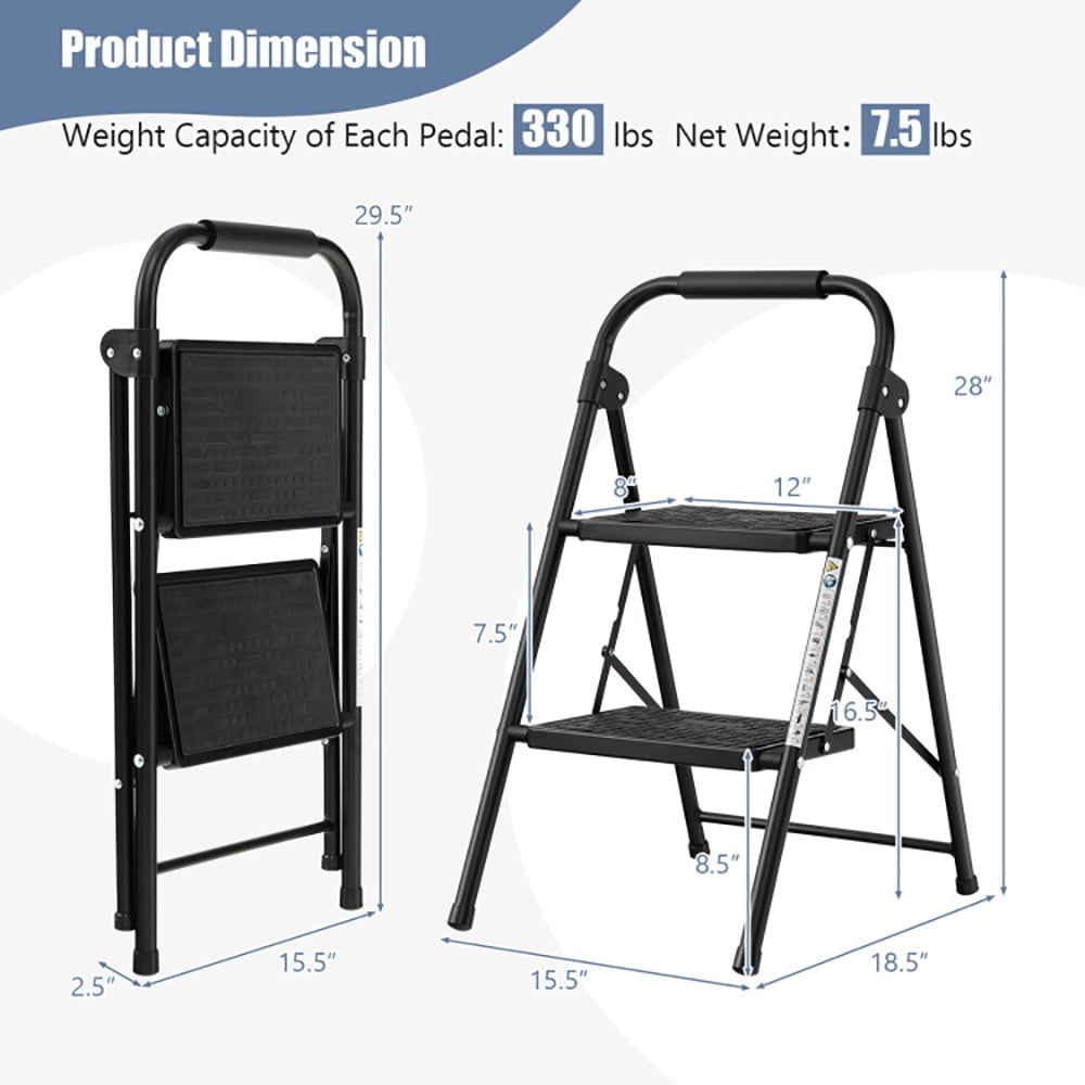 Hommoo Step Ladder, Folding Step Stool, Stepladders,2-Step/3-Step Ladder with Wide Anti-Slip Pedal-2-Step Image 6