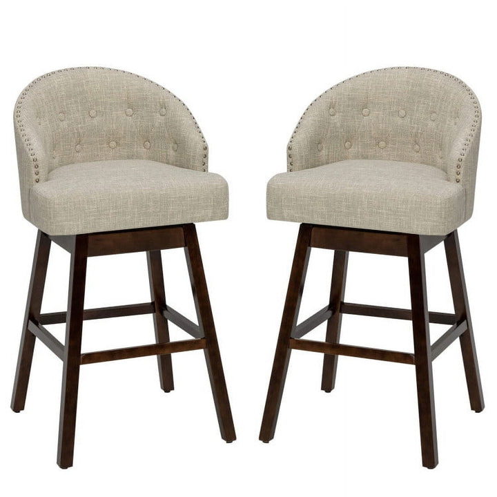 Hommoo Set of 2 Swivel Bar Stools with Rubber Wood Legs and Padded Back-Beige, Bar Height Stools, Bar Stools for Kitchen Image 1