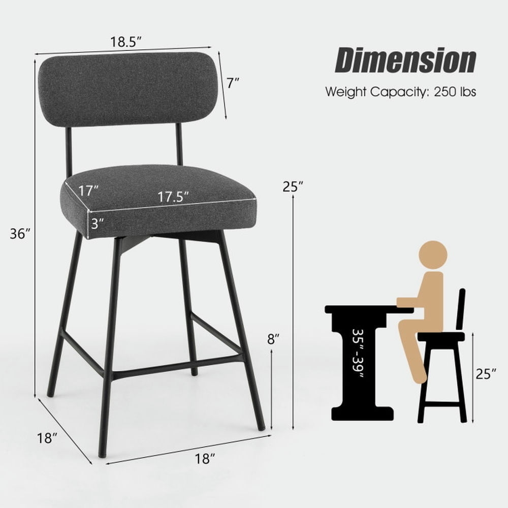 Hommoo 25 Inch 2-Piece Modern Upholstered Bar Stools with Back and Footrests-Gray, Bar Height Stools, Bar Stools for Image 3