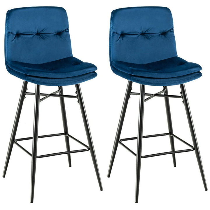 Hommoo 2 Pieces 29 Inch Velvet Bar Stools Set with Tufted Back and Footrests-Blue, Bar Height Stools, Bar Stools for Image 1