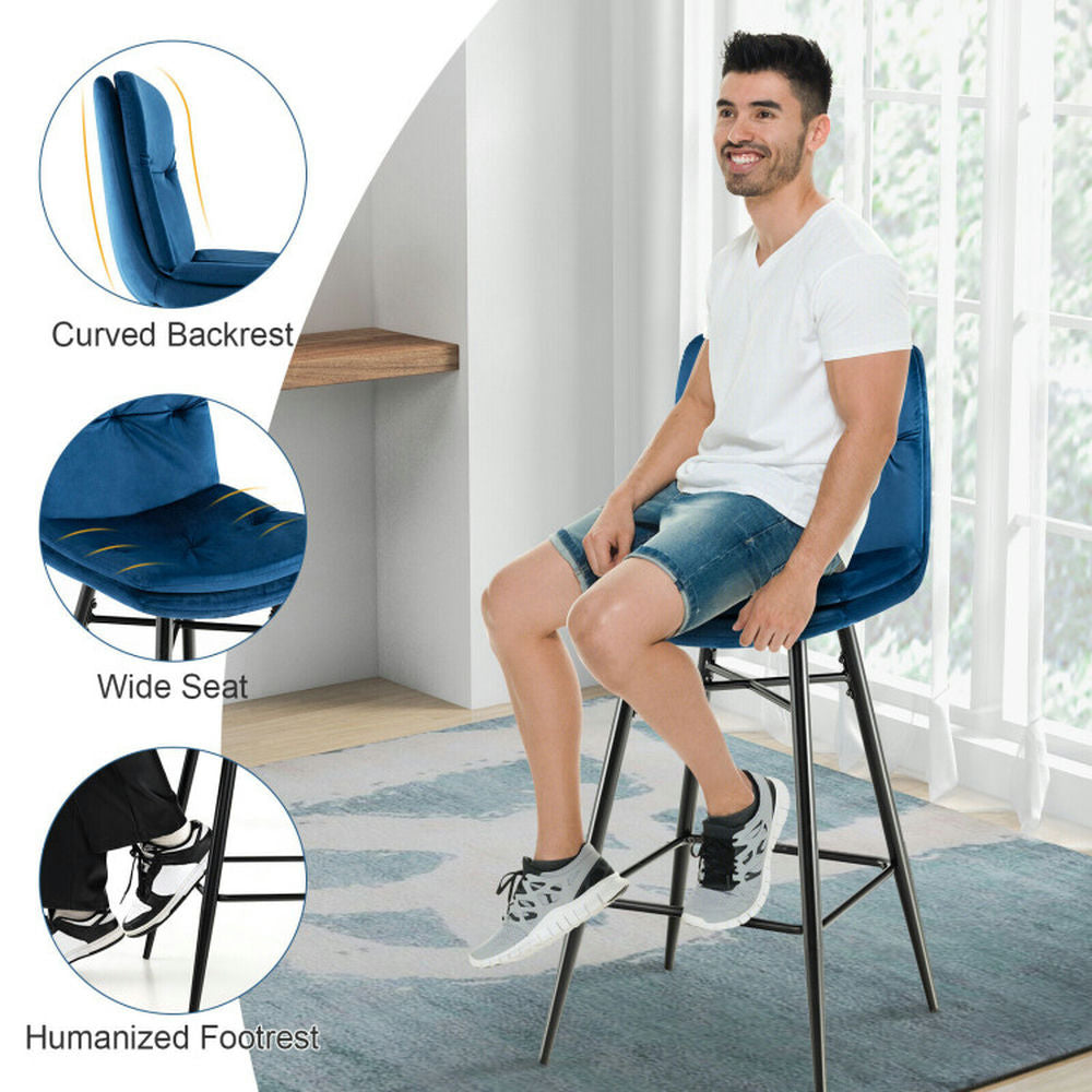 Hommoo 2 Pieces 29 Inch Velvet Bar Stools Set with Tufted Back and Footrests-Blue, Bar Height Stools, Bar Stools for Image 2